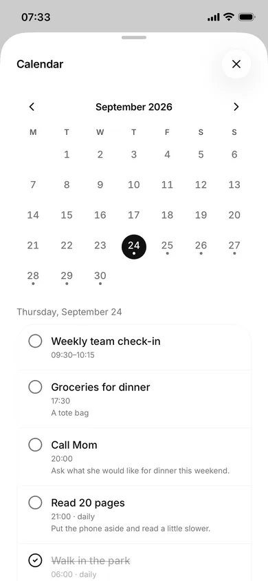 September’s calendar with a selected day and its tasks