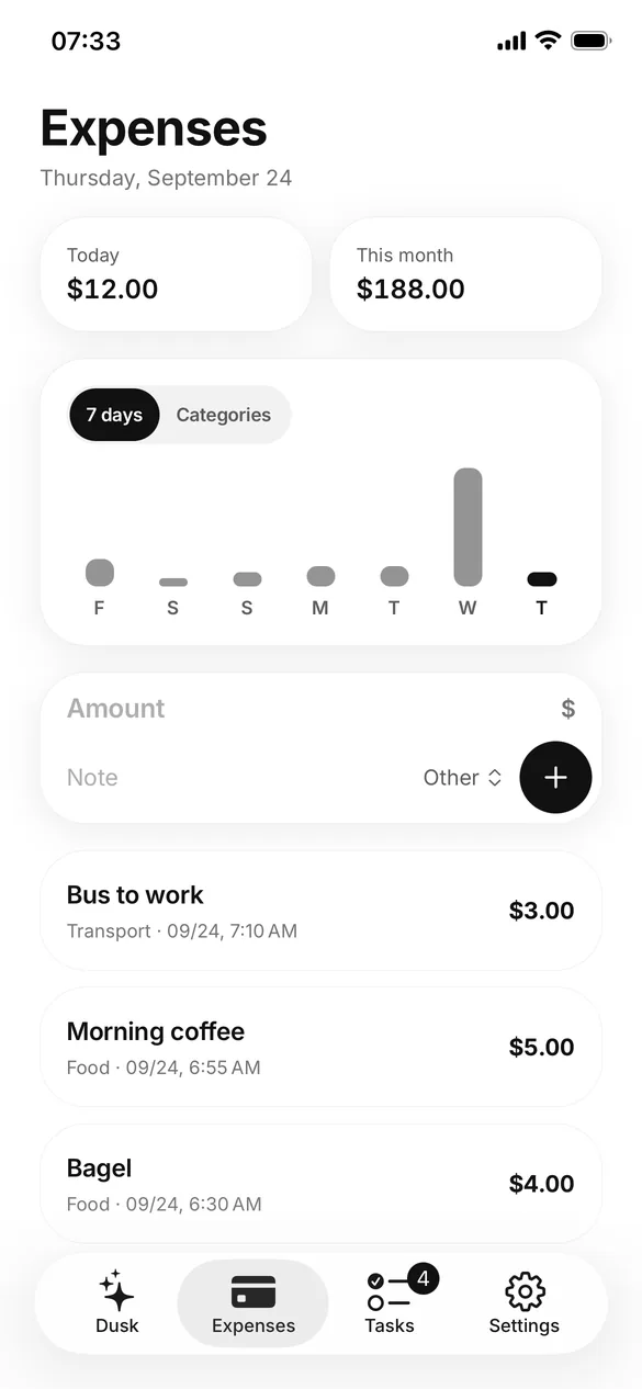 Dusk: the Expenses screen with today’s total, this month’s total and a 7-day chart