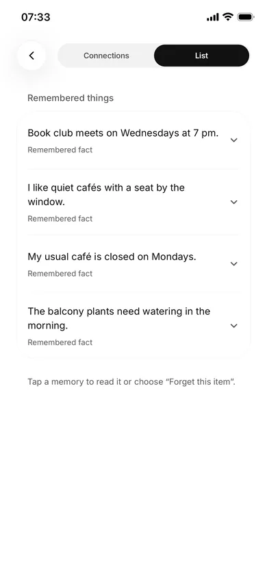 A list of four saved memories