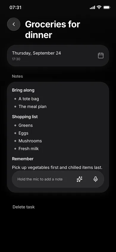A grocery task with notes and a shopping list