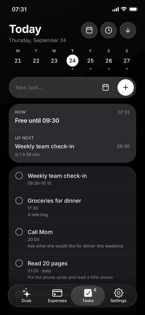Dusk: today’s tasks in time order