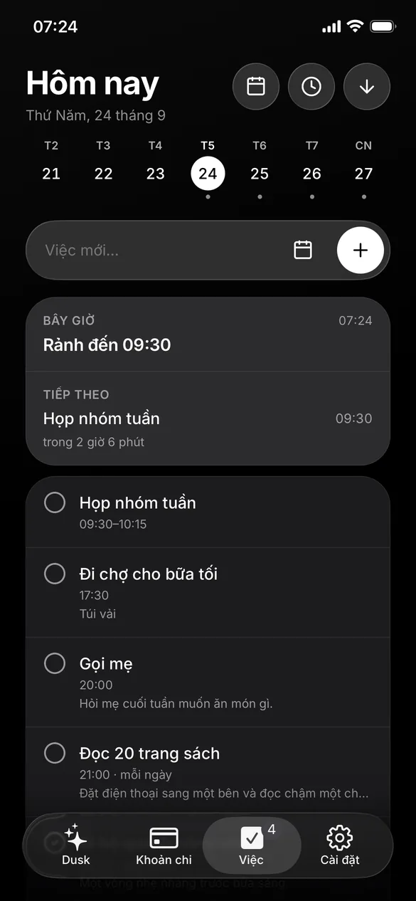 Dusk: việc hôm nay xếp theo giờ